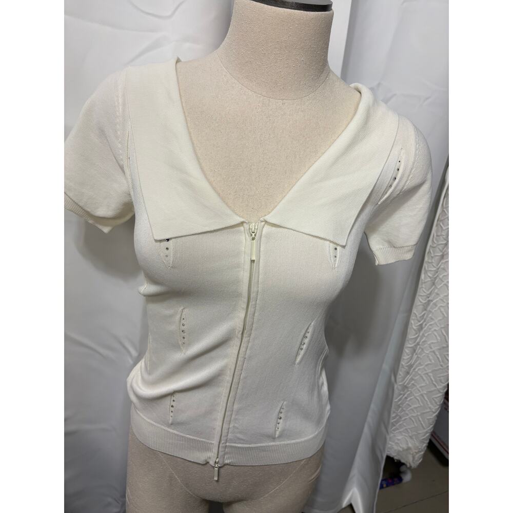 LOULOU Women's V Neck Zipper Polo off white Size L